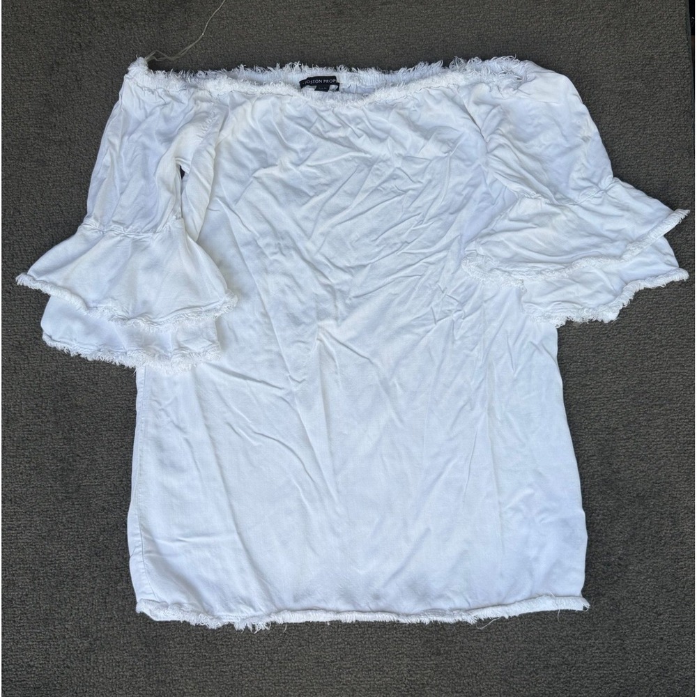 Boston Proper White Off The Shoulder Tiered Bell Sleeve Fringe Blouse Medium